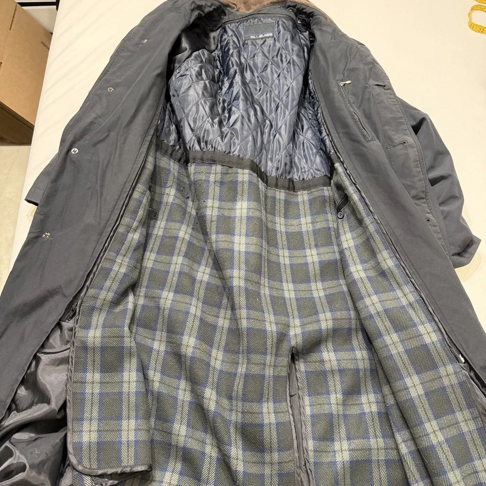 Bill Blass Mens 40L‎ Black Long Car Coat Removable Plaid Liner Overcoat *Flaws*